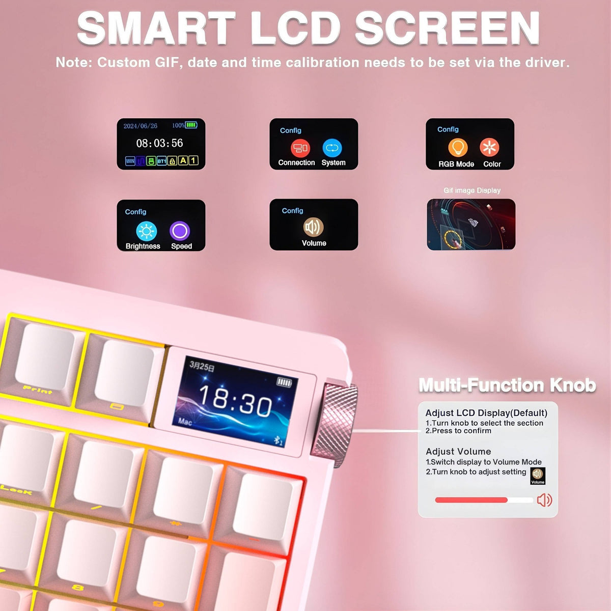 AULA NOVA 99 96% Wireless Mechanical Gaming Keyboard Hot Swap RGB TFT Screen NumPad Tri-Connect - Pink