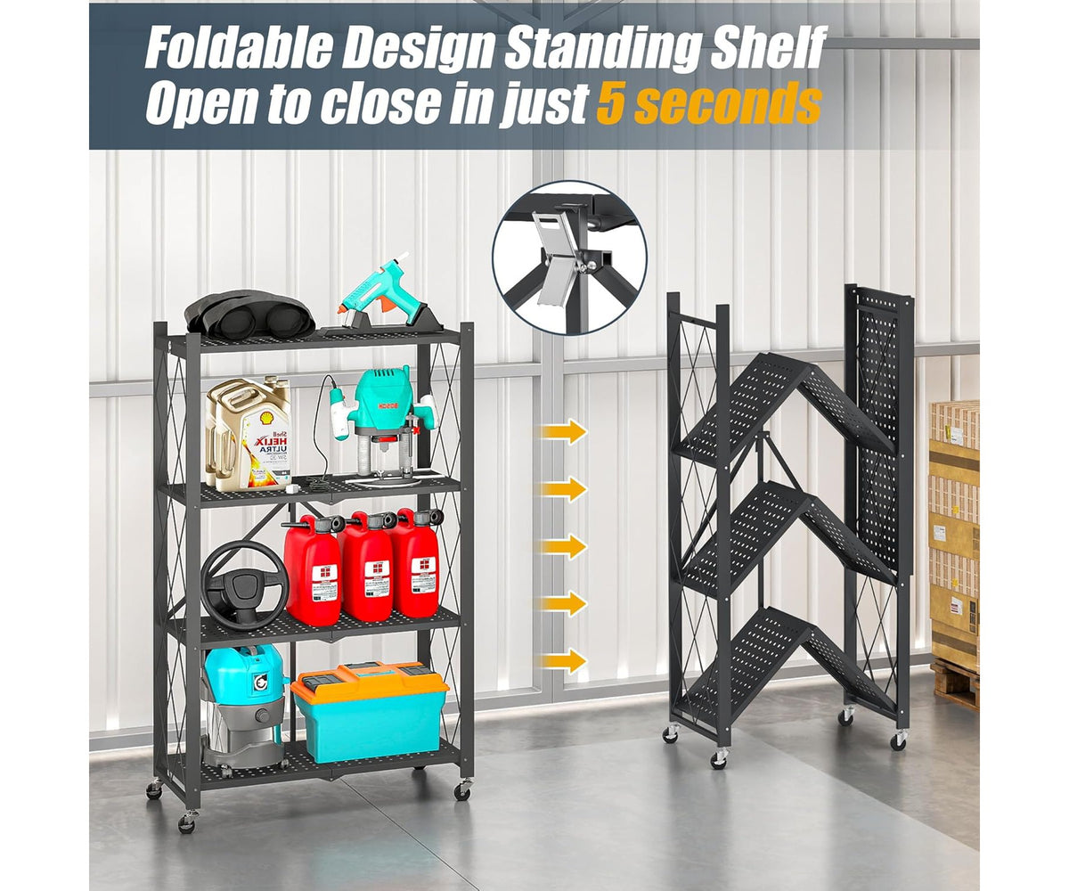 SUGIFT 4 Tier Foldable Metal Storage Shelves with Wheels, Garage Shelving Rack, No Assembly