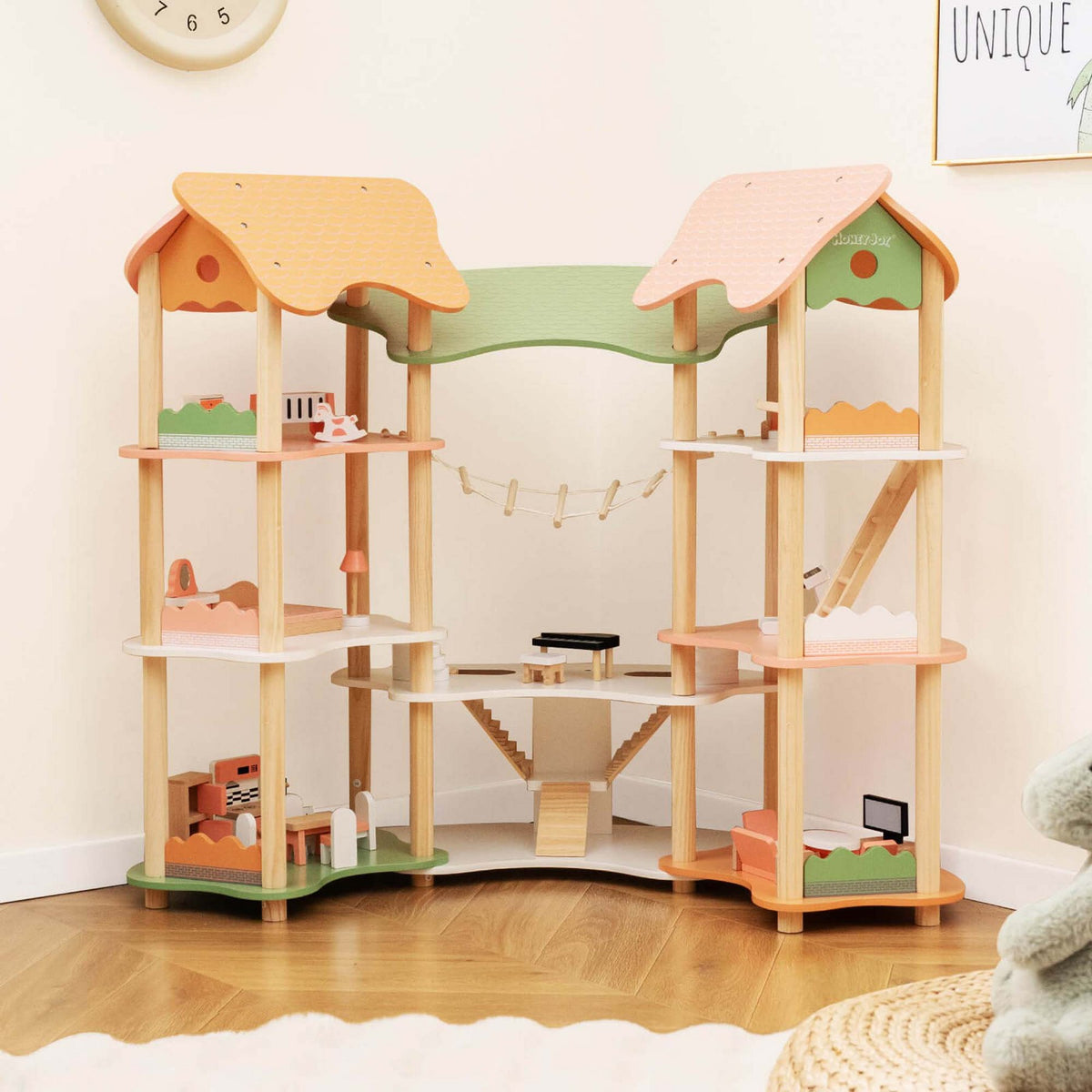 Costway Kids Wooden Dollhouse Aged 3-8 Years Old with 32PCS Realistic Furniture Accessories