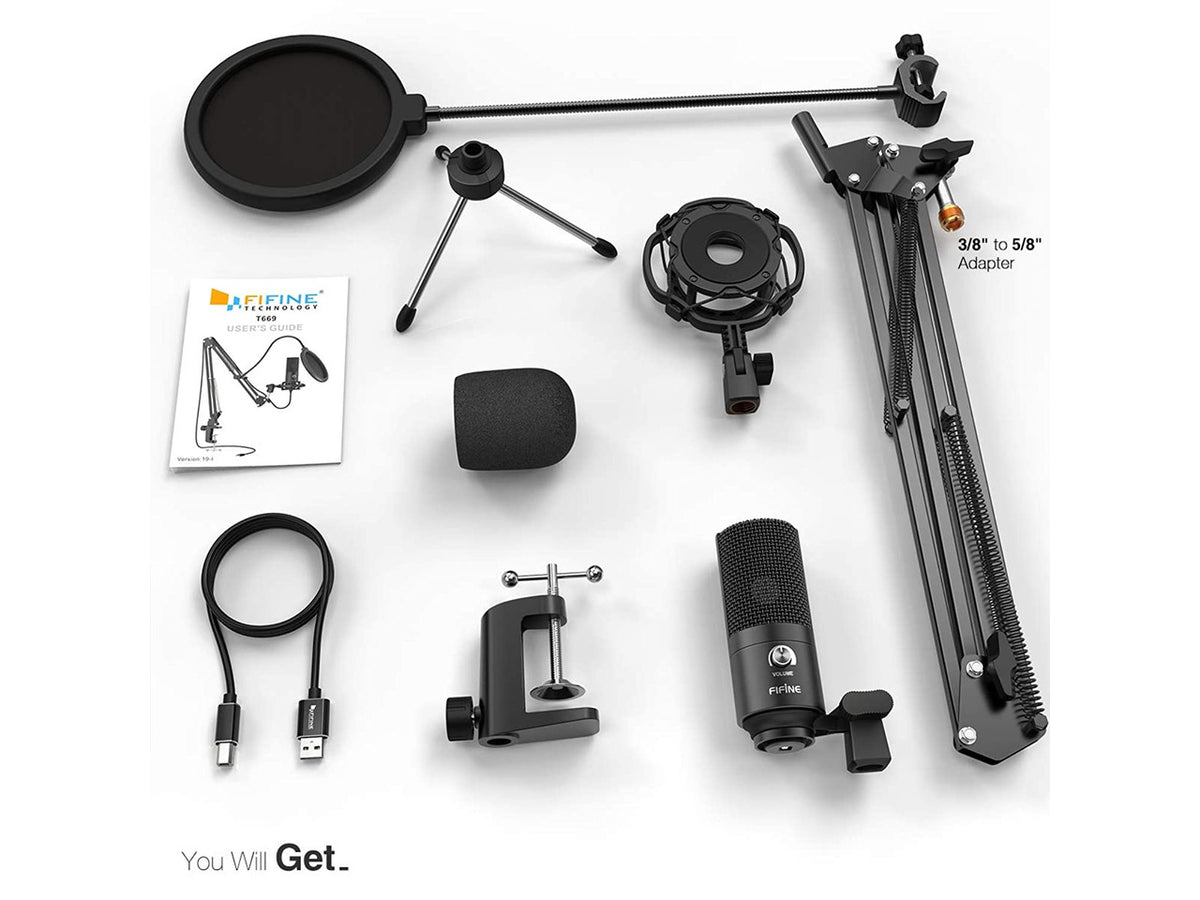 FIFINE Studio Condenser USB Microphone Computer PC Microphone Kit with Adjustable Scissor Arm Stand Shock Mount for Instruments Voice Overs Recording Podcasting YouTube Karaoke Gaming Streaming-T669