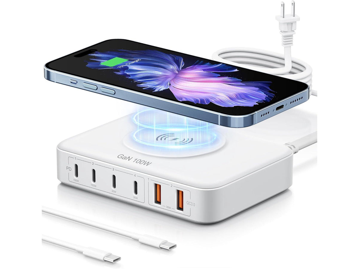 100W USB Charging Station with 15W Wireless Charger, Marnana 6-in-1 Multiple USB Ports(2 USB A and 4 USB C Ports) GaN Desktop Charger for iPhone iPad MacBook Laptop Samsung and Android Devices