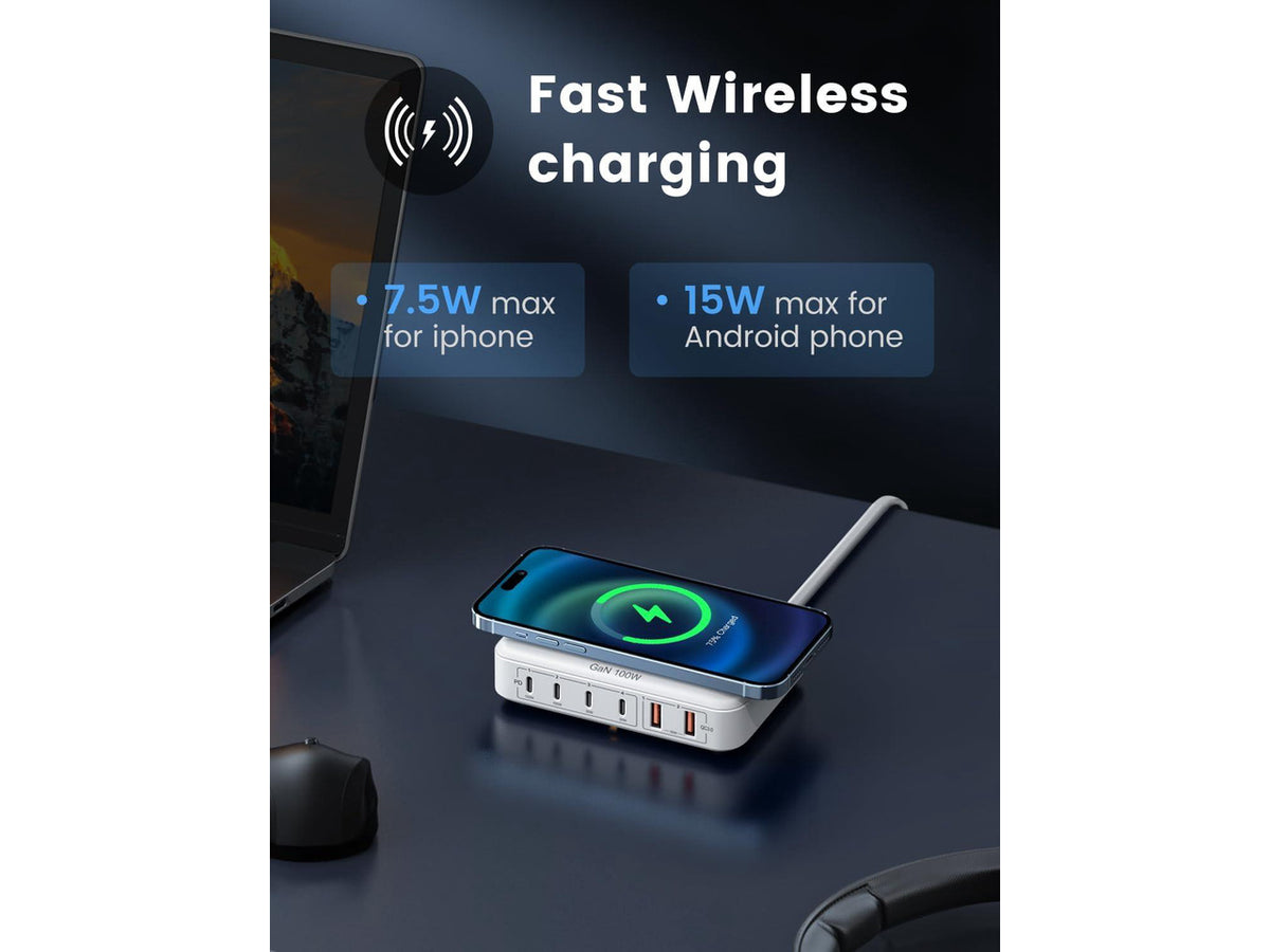 100W USB Charging Station with 15W Wireless Charger, Marnana 6-in-1 Multiple USB Ports(2 USB A and 4 USB C Ports) GaN Desktop Charger for iPhone iPad MacBook Laptop Samsung and Android Devices