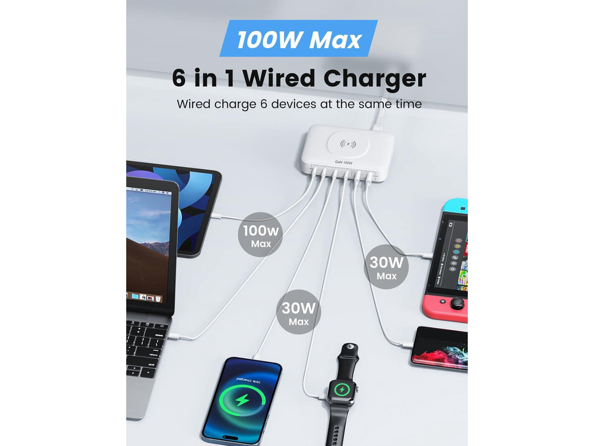 100W USB Charging Station with 15W Wireless Charger, Marnana 6-in-1 Multiple USB Ports(2 USB A and 4 USB C Ports) GaN Desktop Charger for iPhone iPad MacBook Laptop Samsung and Android Devices