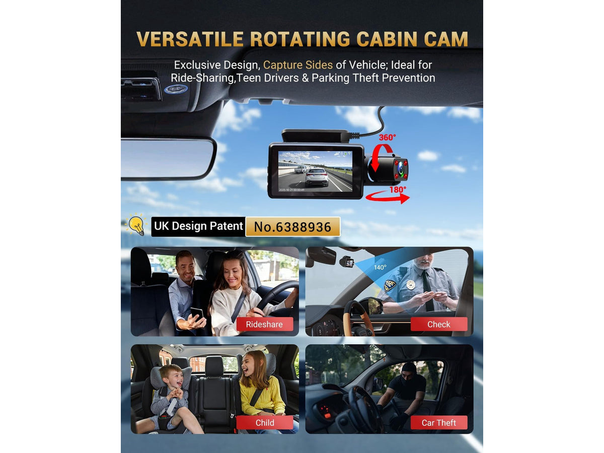 2.5K+1K Dual Dash Cam Front and Inside with GPS WiFi, 32GB Card, 24Hr Park
