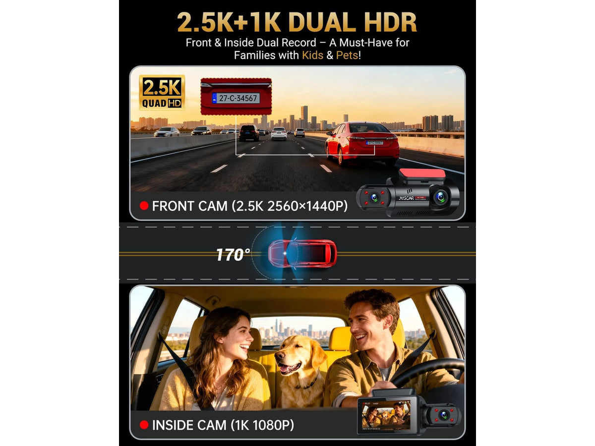 2.5K+1K Dual Dash Cam Front and Inside with GPS WiFi, 32GB Card, 24Hr Park