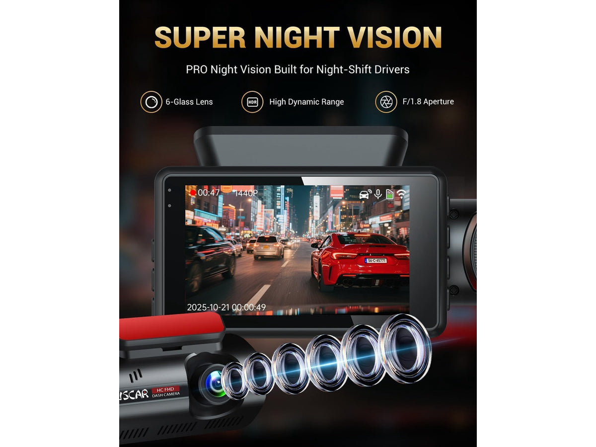 2.5K+1K Dual Dash Cam Front and Inside with GPS WiFi, 32GB Card, 24Hr Park