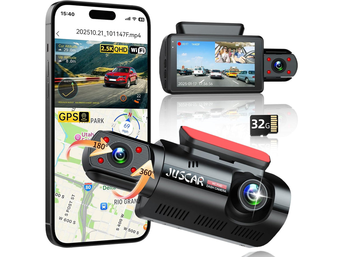 2.5K+1K Dual Dash Cam Front and Inside with GPS WiFi, 32GB Card, 24Hr Park