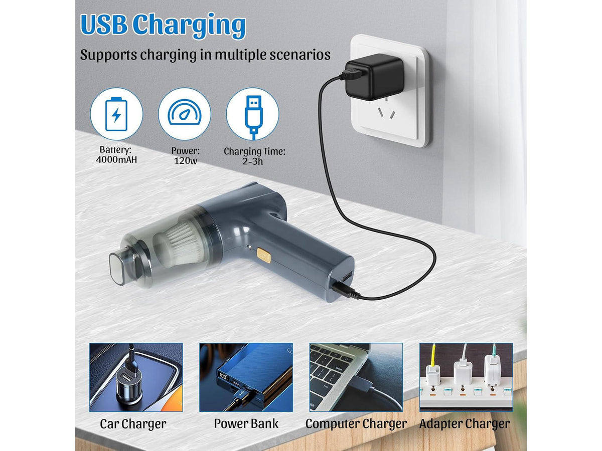 12000Pa Cordless Handheld Vacuum Cleaner, High Power Car Vacuum and Air Duster 2-in-1, Low Decibel Brushless Mini Vacuum with LED light and Multi-Nozzles, for Desk, Sewing Machine, Computer, Keyboard