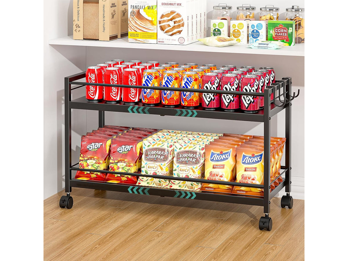2-Tier Expandable Rolling Pantry Cart with Wheels, Adjustable Floor Organizer for Kitchen Pantry, Can Organizer for Pantry, Storage Cart for Snack, Food, Vegetables, Black, Patent Pending