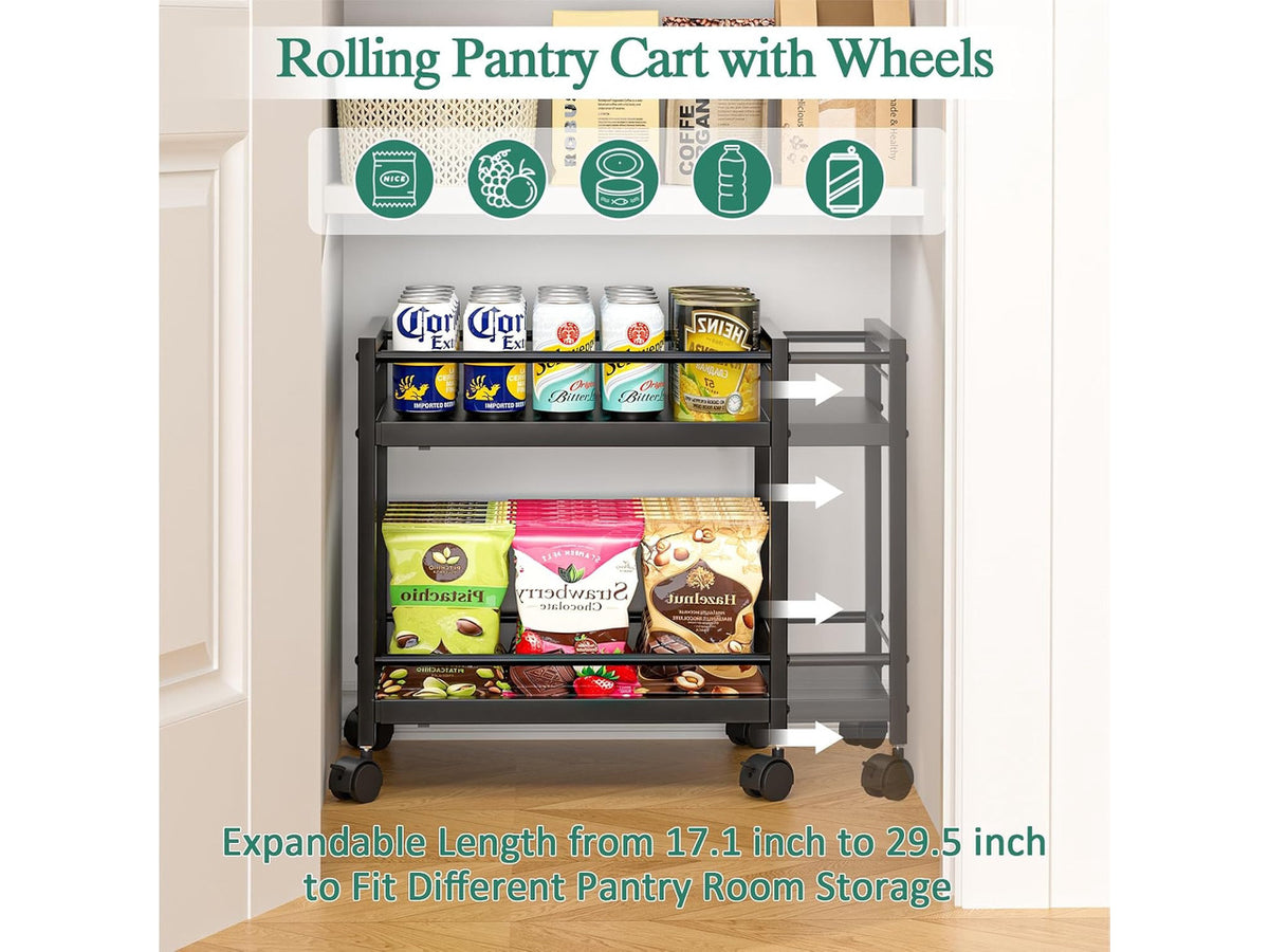 2-Tier Expandable Rolling Pantry Cart with Wheels, Adjustable Floor Organizer for Kitchen Pantry, Can Organizer for Pantry, Storage Cart for Snack, Food, Vegetables, Black, Patent Pending