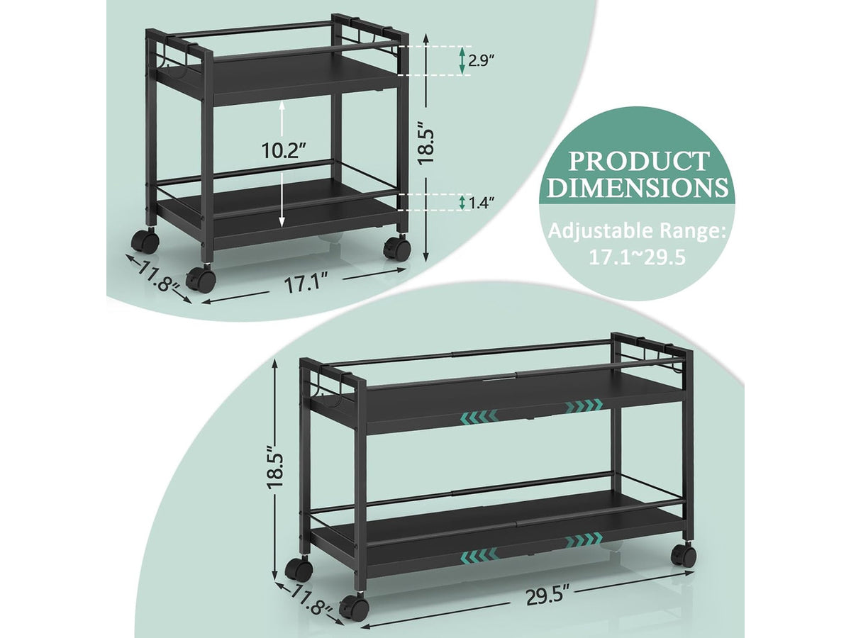 2-Tier Expandable Rolling Pantry Cart with Wheels, Adjustable Floor Organizer for Kitchen Pantry, Can Organizer for Pantry, Storage Cart for Snack, Food, Vegetables, Black, Patent Pending