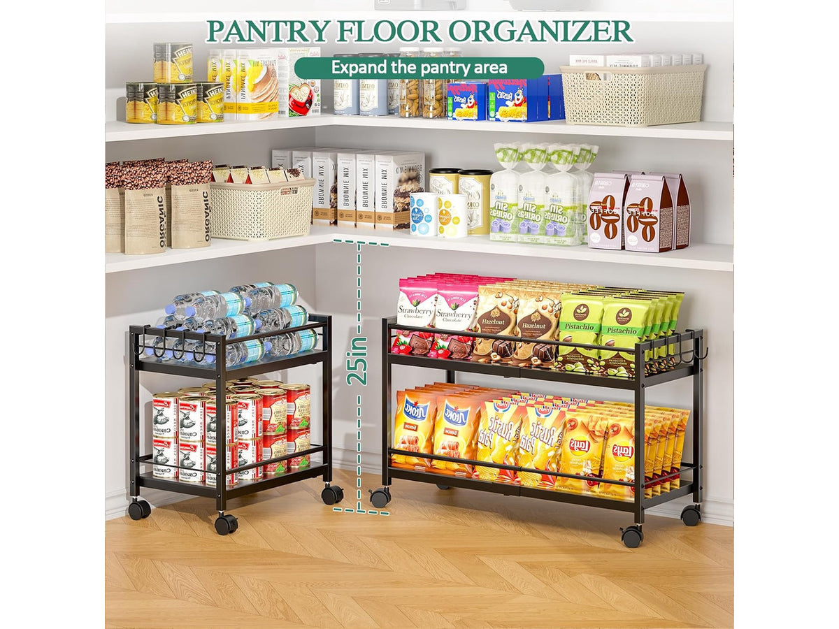 2-Tier Expandable Rolling Pantry Cart with Wheels, Adjustable Floor Organizer for Kitchen Pantry, Can Organizer for Pantry, Storage Cart for Snack, Food, Vegetables, Black, Patent Pending