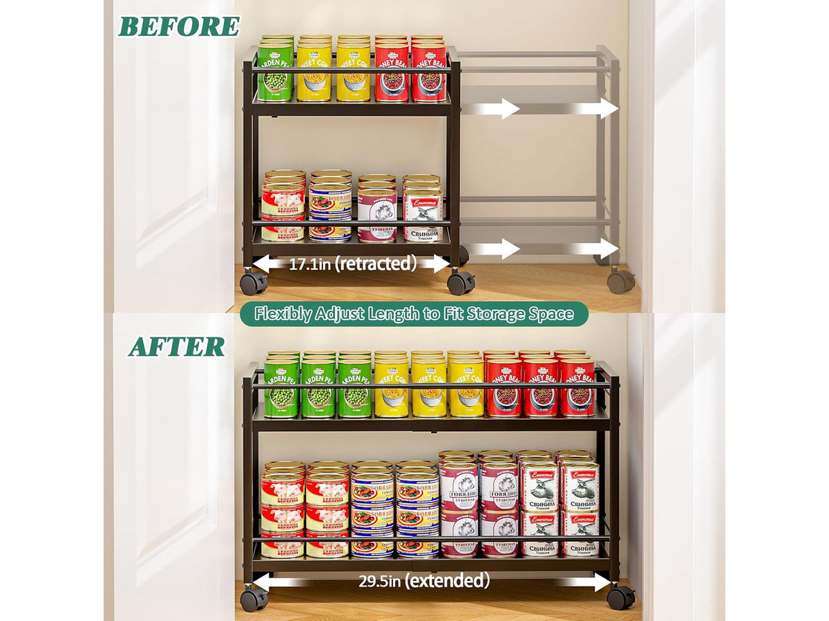 2-Tier Expandable Rolling Pantry Cart with Wheels, Adjustable Floor Organizer for Kitchen Pantry, Can Organizer for Pantry, Storage Cart for Snack, Food, Vegetables, Black, Patent Pending