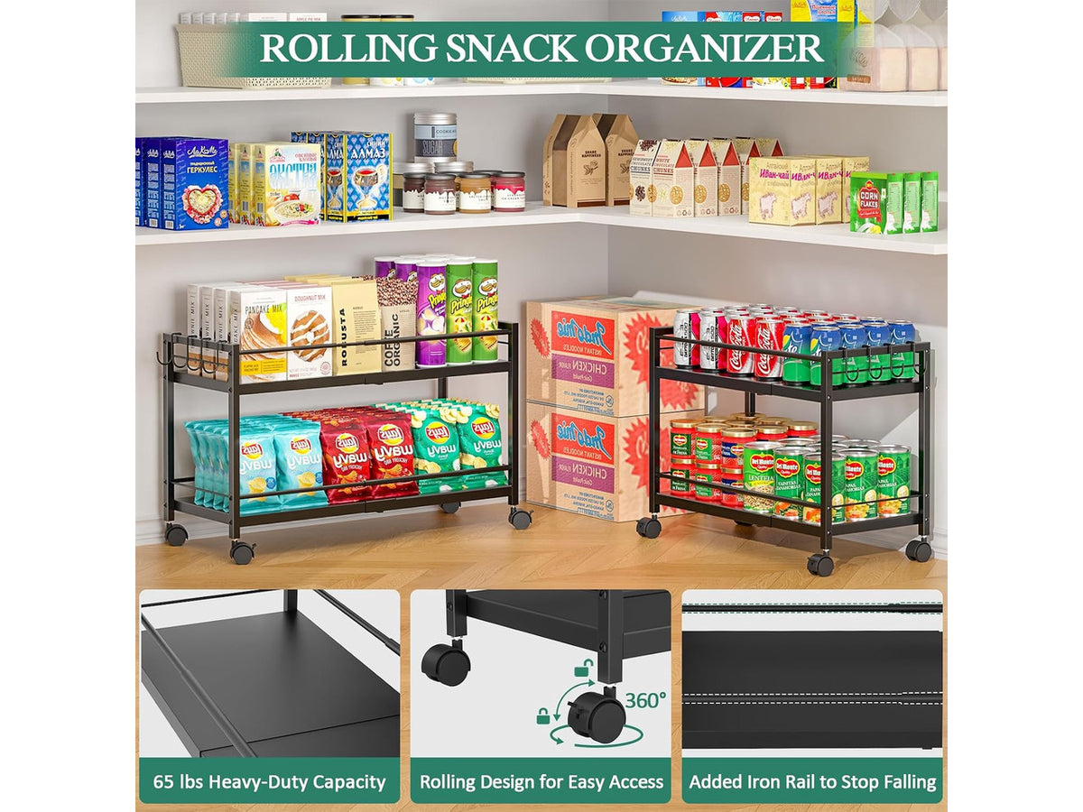 2-Tier Expandable Rolling Pantry Cart with Wheels, Adjustable Floor Organizer for Kitchen Pantry, Can Organizer for Pantry, Storage Cart for Snack, Food, Vegetables, Black, Patent Pending