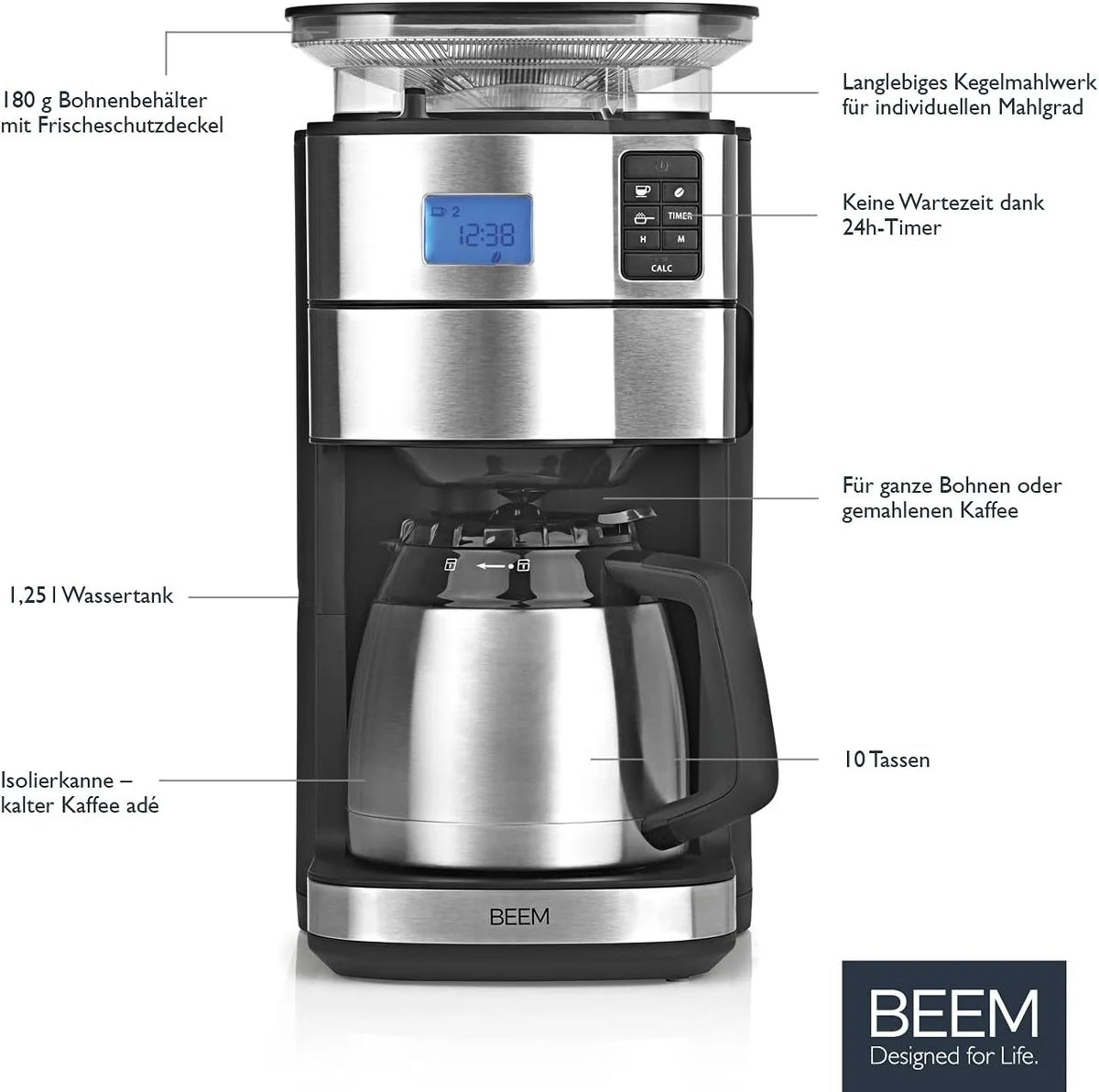 2026 BEEM FRESH-AROMA-PERFECT II filter coffee machine with grinder - Thermo | Stainless steel | Thermopot | 24h timer | 1000