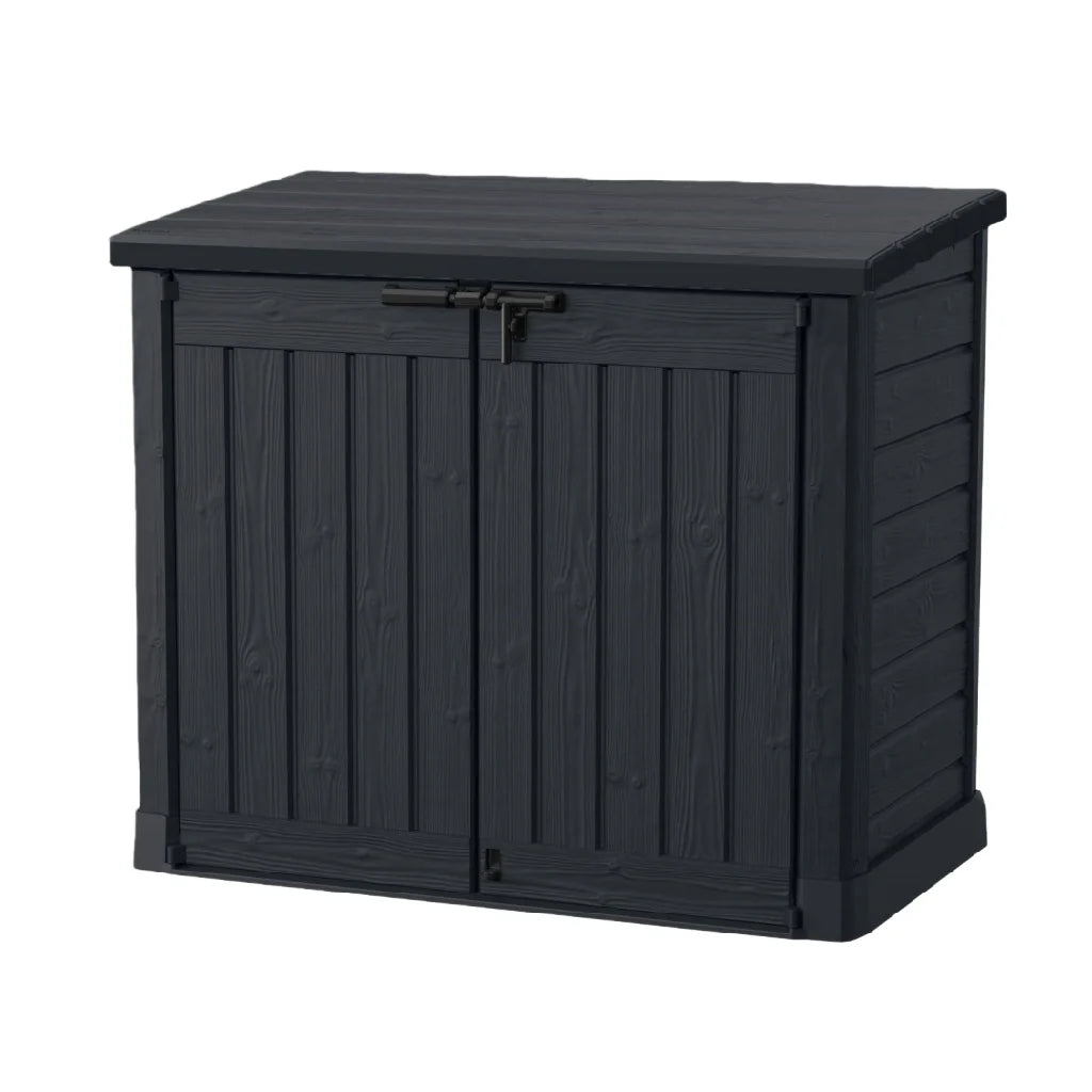 2026 Garden storage box black wood effect, low cabinet in resin PP waterproof