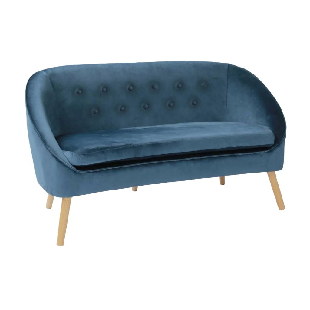 2026 2 seater sofa in blue velvet – retro Scandinavian style with natural wooden feet – elegant comfort