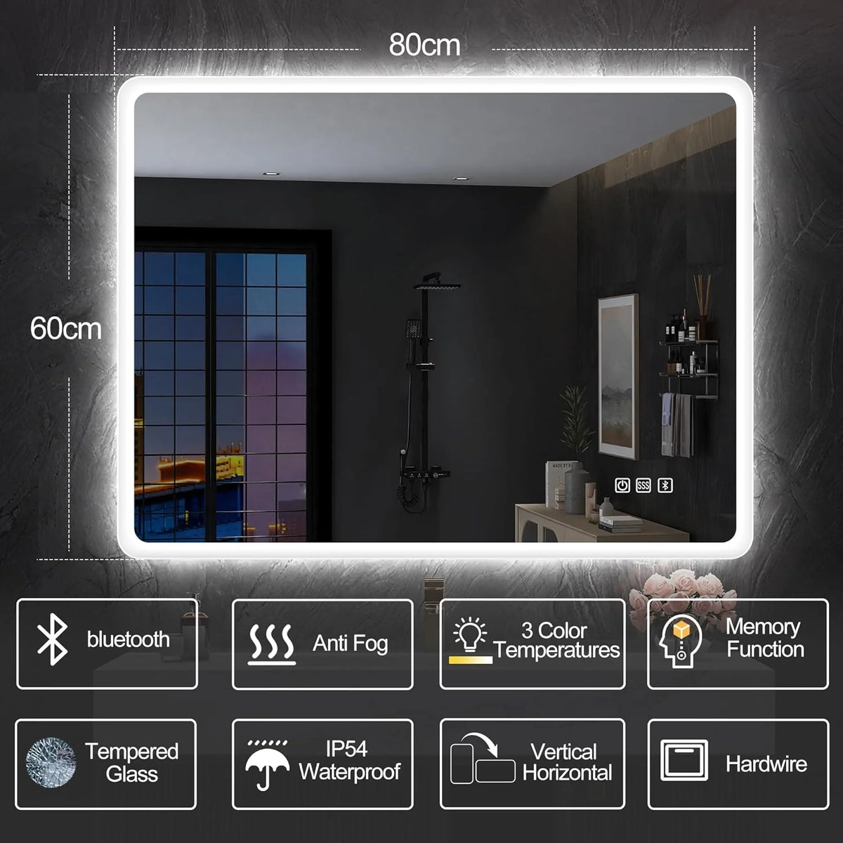 2026 Bathroom mirror S'bagno with lighting 1200 x 700 mm, IP44, LED, Bluetooth, anti-fog, 3 light colours (3,000 K, 4,000 K