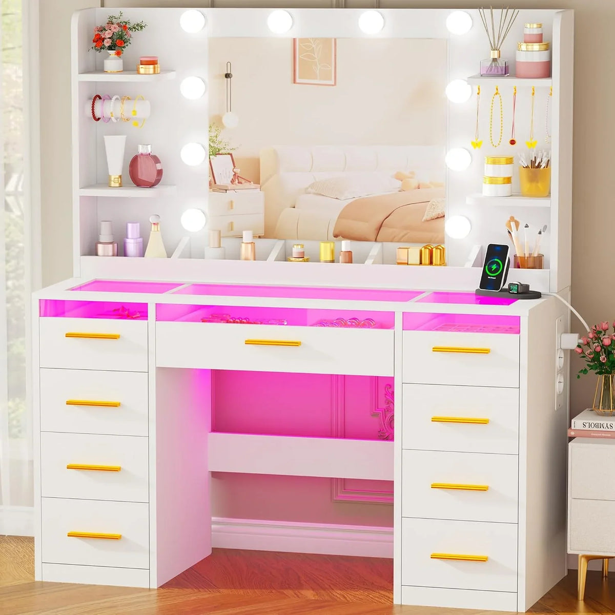 2026 ANWBROAD White Vanity with Mirror, Three-Color LED Lighting, Glass Top and 9 Drawers (White/Pink)
