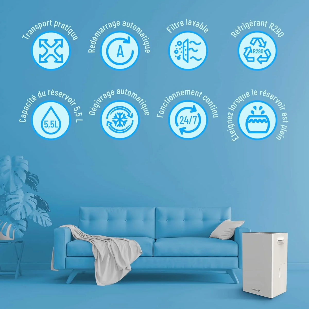 2026 Noaton Silent Portable Dehumidifier, 24L/day, 24h Timer, Reservoir 5.5L, Continuous Drainage, with Automatic De-icing, E