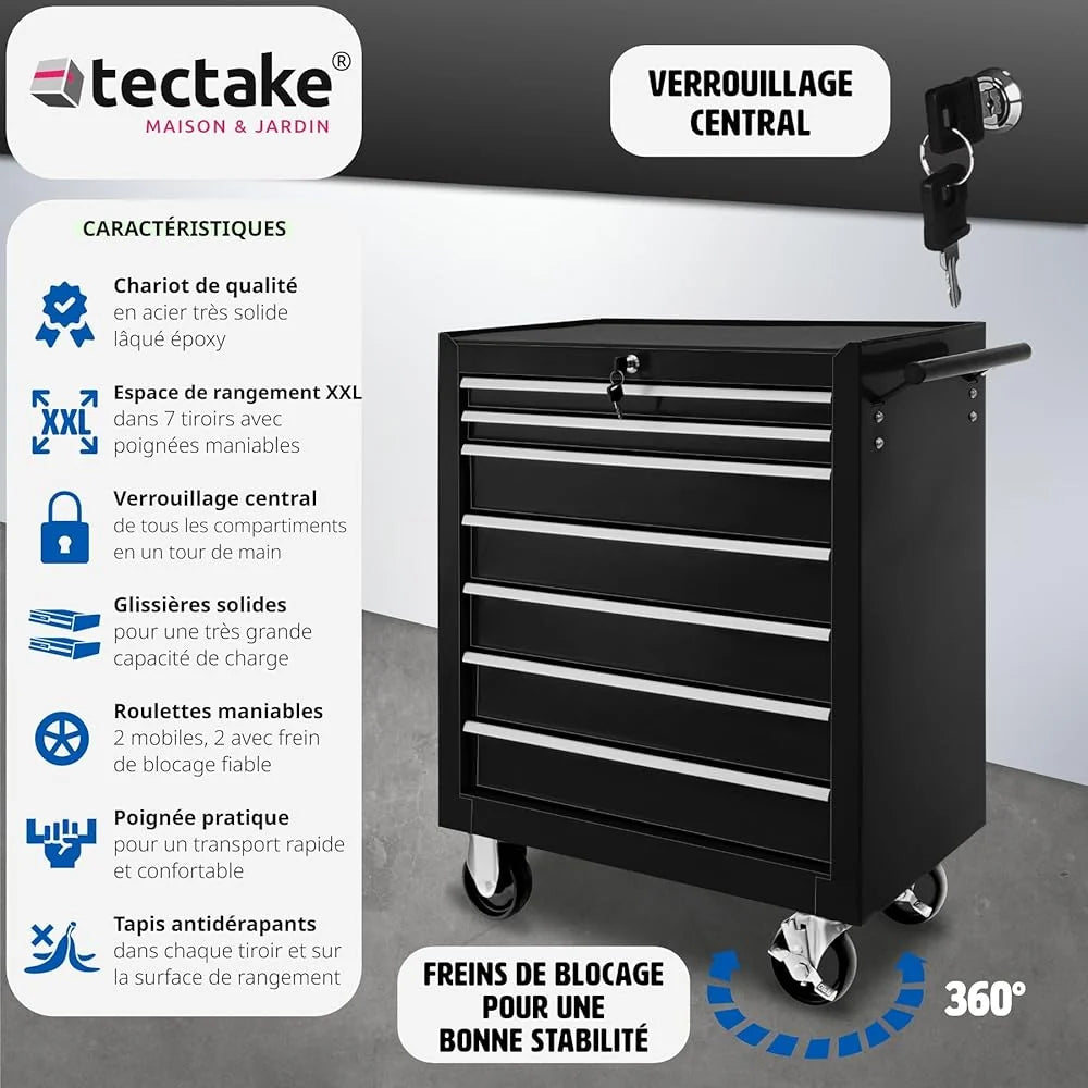 2026 TecTake® Workshop Cart Metallic Workshop Servant Empty Trolley Professional 7 Spacious Drawers Lockable Castor for Stora