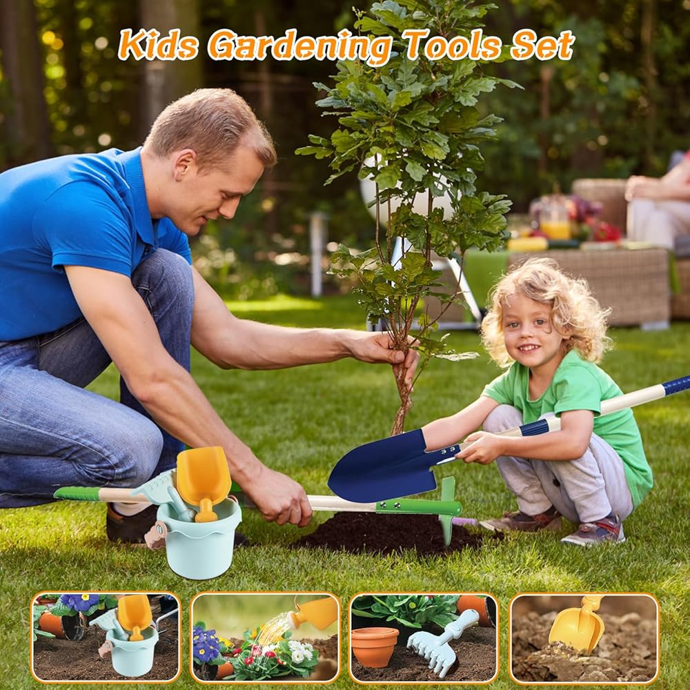 2026 Mostop Gardening Tool Kit for Children - Toy with wheelbarrow, metal shovel, rake, rake, outdoor garden cart, birthday g