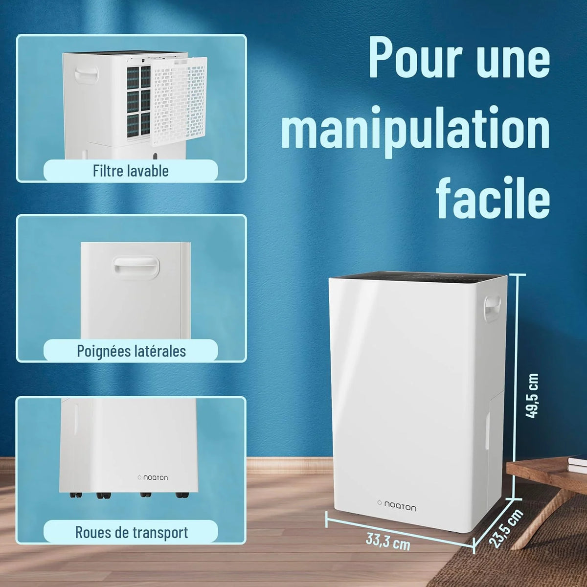 2026 Noaton Silent Portable Dehumidifier, 24L/day, 24h Timer, Reservoir 5.5L, Continuous Drainage, with Automatic De-icing, E