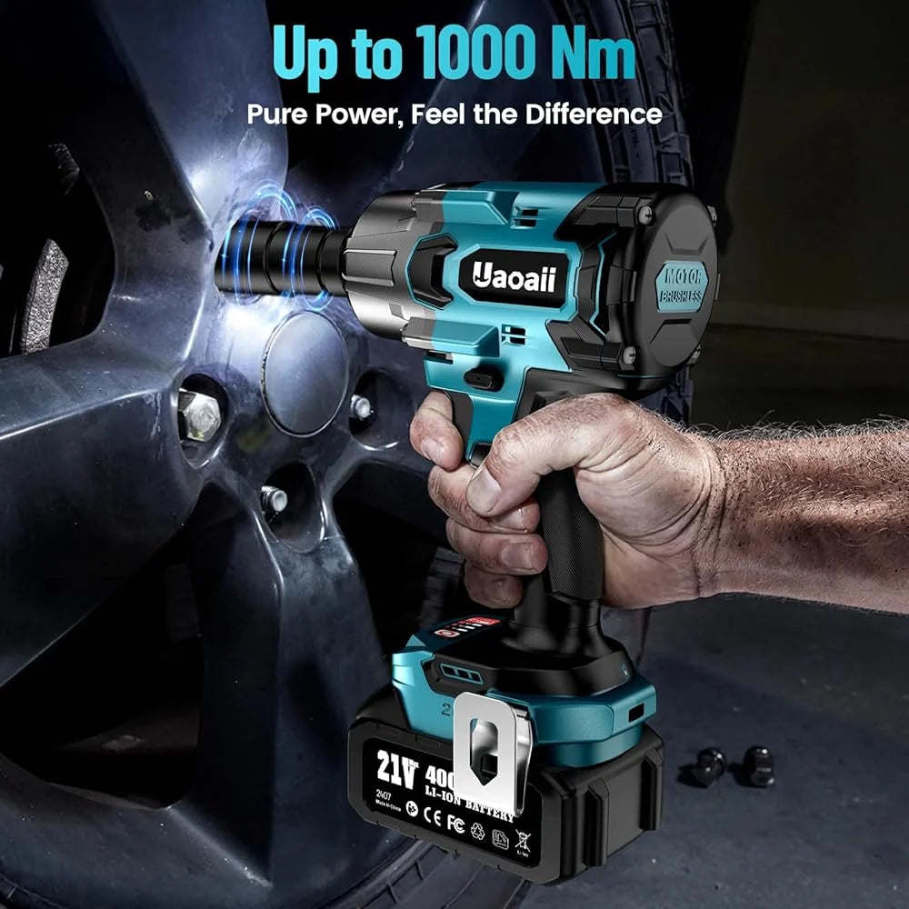 2026 Uaoaii 1000 Nm Brushless Cordless Impact Wrench with 4000mAh Battery, Adapter and 5 Sockets