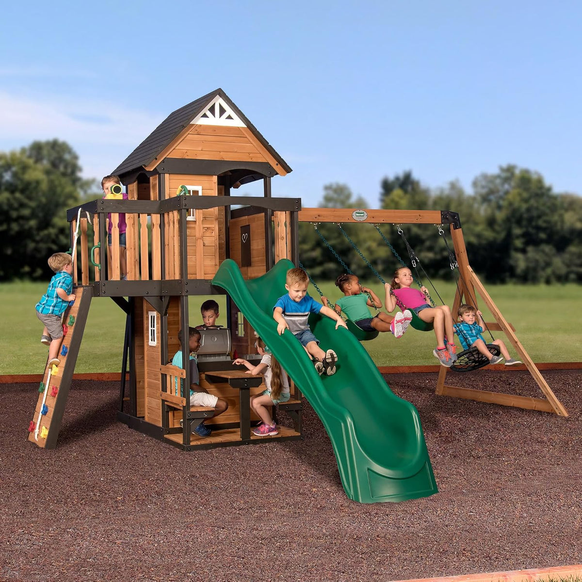 Backyard Discovery Canyon Creek Cedar Wood Swing Set with Wave Slide, Clubhouse, Play Kitchen, Picnic Area, Belt Swings, Web Swing, Rock Wall, Balconies, Playhouse, Step Ladder, Outdoor Playset