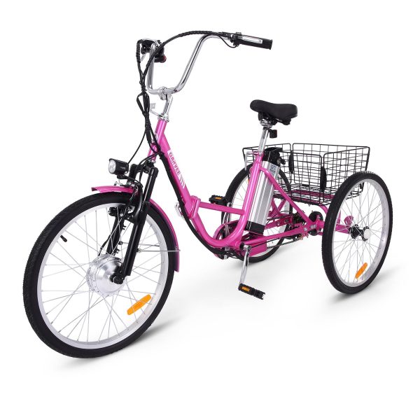 Electric Tricycle for Adults, 7 Speeds Folding Electric Trike, 24 Inch 3 Wheel Motorized Bicycle w/ 36V 10Ah Removable Battery, E Trikes with Large Basket, 330 Loading Capacity, 250W Motor, Pink