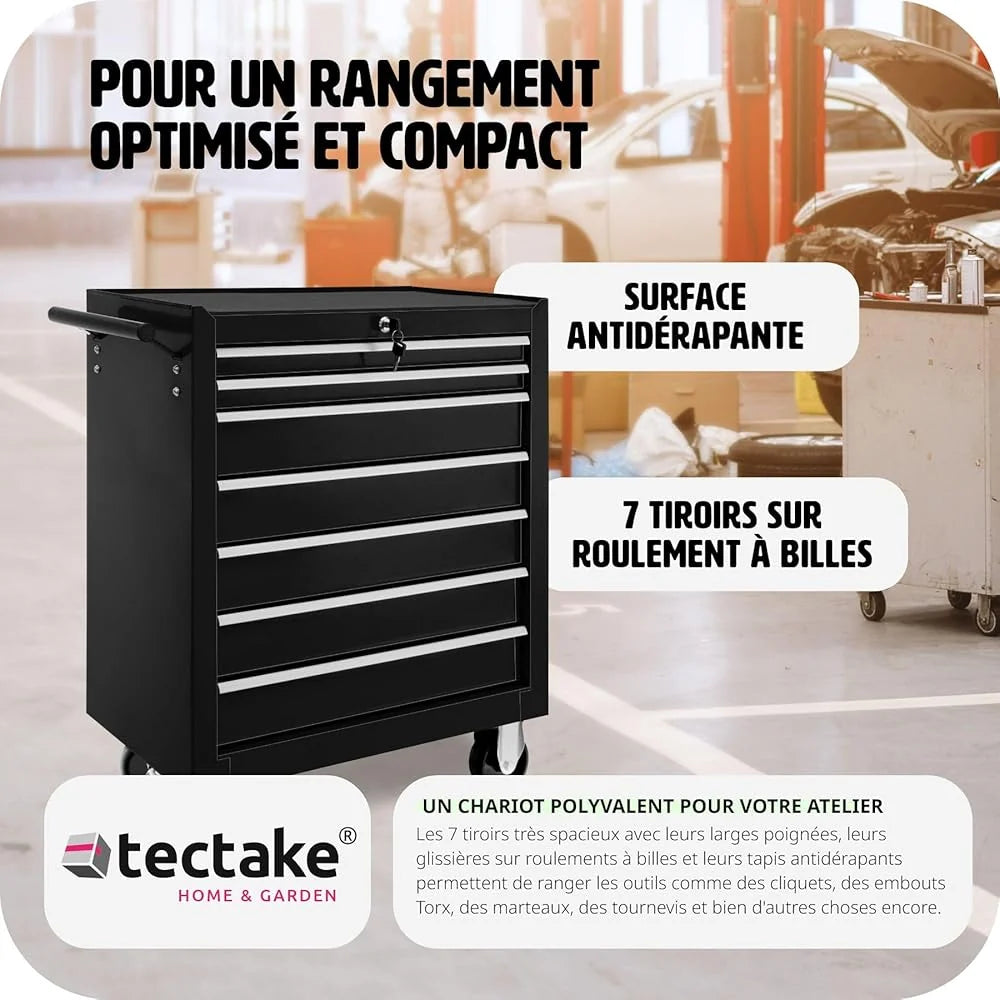 2026 TecTake® Workshop Cart Metallic Workshop Servant Empty Trolley Professional 7 Spacious Drawers Lockable Castor for Stora