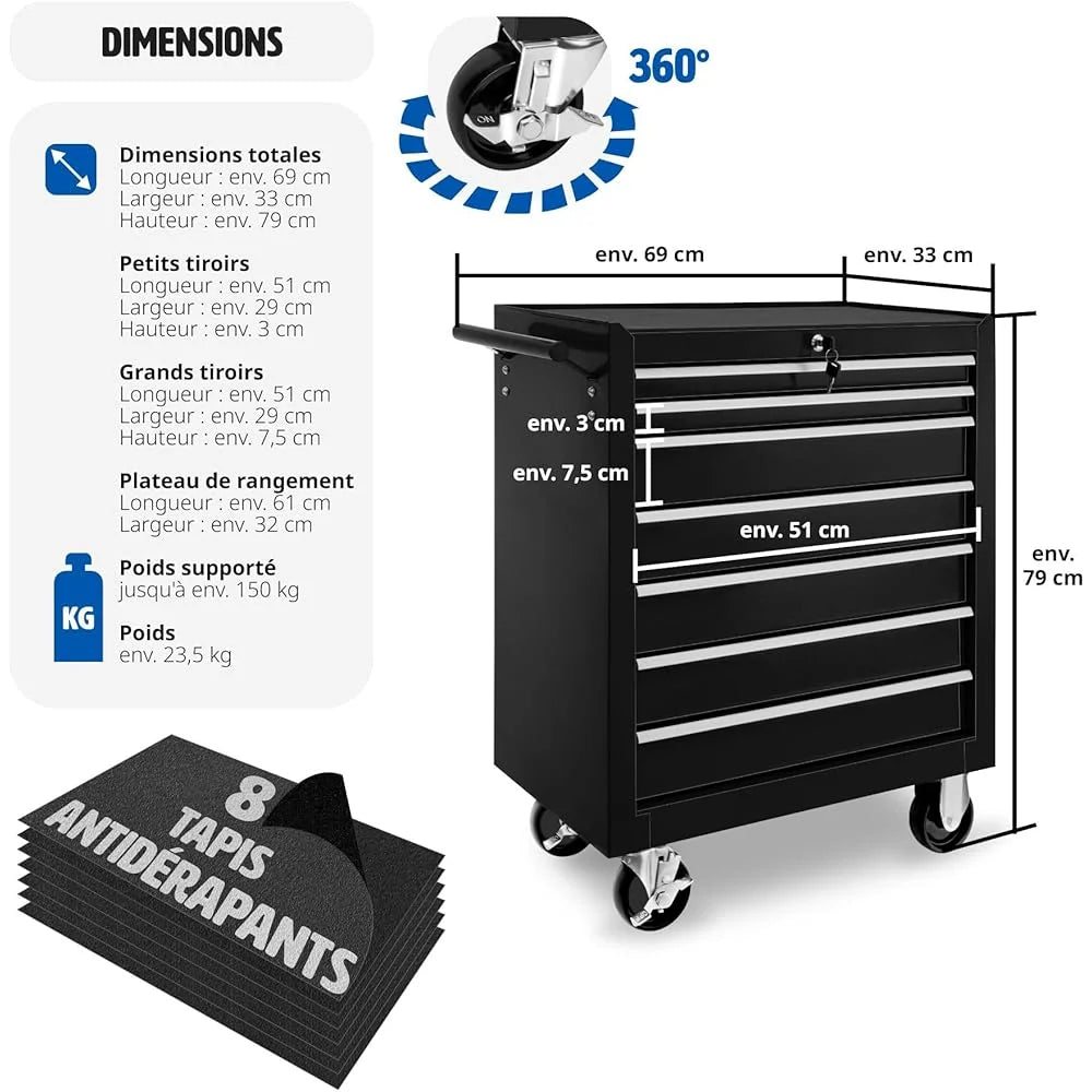 2026 TecTake® Workshop Cart Metallic Workshop Servant Empty Trolley Professional 7 Spacious Drawers Lockable Castor for Stora