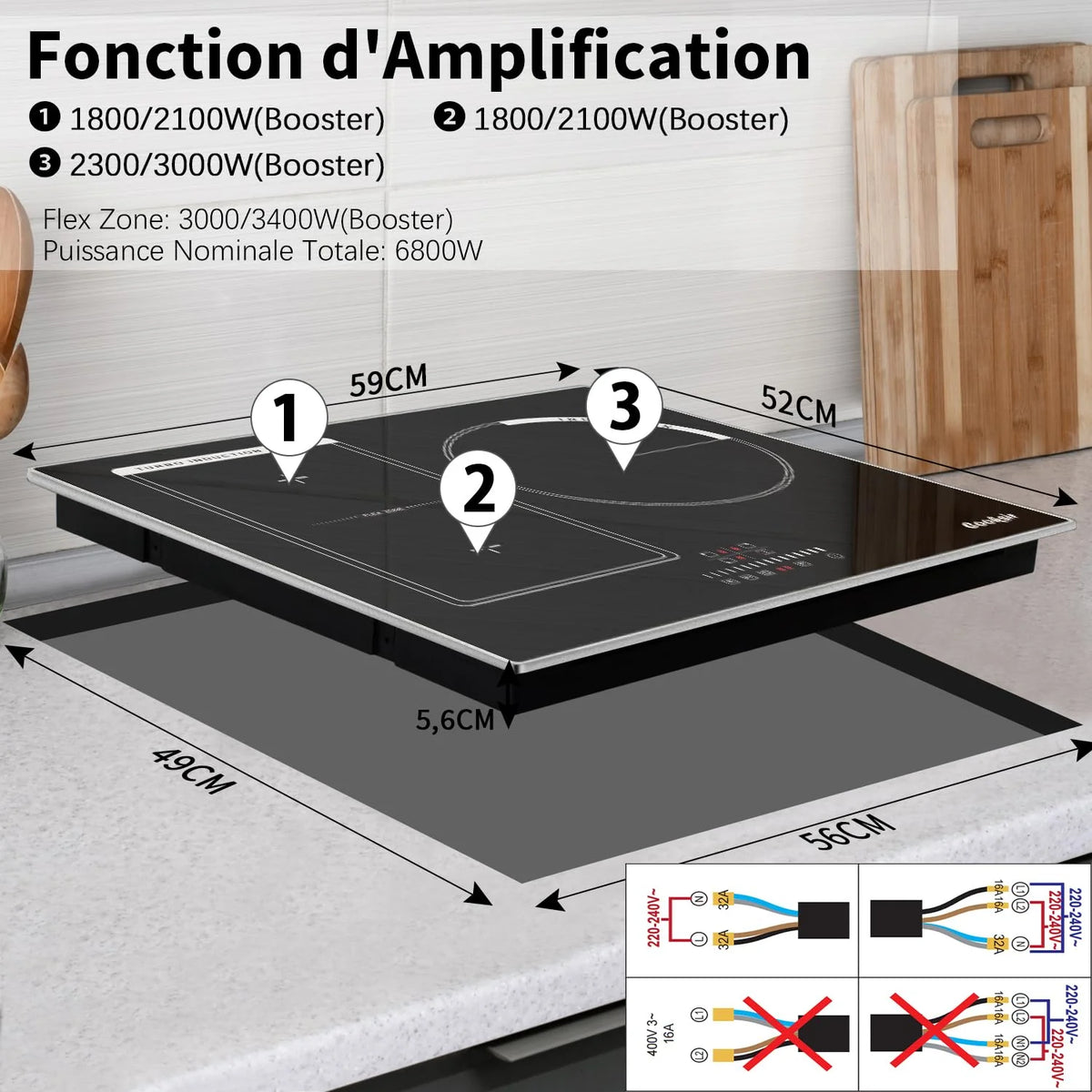 2026 Cooksir Induction Plate 3 Lights with Frame, Cooking Table Induction 60cm Built-in, 6800W, Cursor Tactile Control, Stain