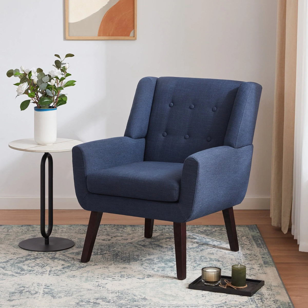 HUIMO Accent Chair, Button-Tufted Upholstered Living Room Chairs, Mid Century Modern Comfy Reading Chairs for Bedroom, Living Room, Beige